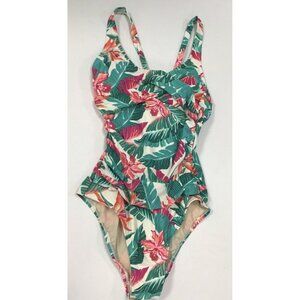Women's Full Coverage Tummy Control Tropical Print Front Wrap Swimsuit Med 8-10